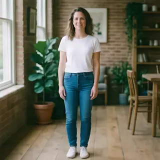 A woman standing upright in a relaxed pose, arms at her side