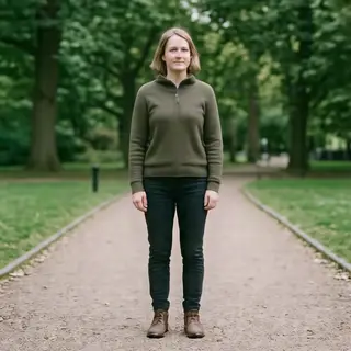 A person standing in a neutral pose in a park, full body vis
