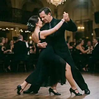 Two tango dancers in a close embrace, the man dipping the wo