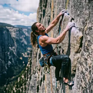 A rock climber clinging to a cliff face with arms and legs e