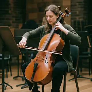 A cellist seated with correct posture, legs around the instr