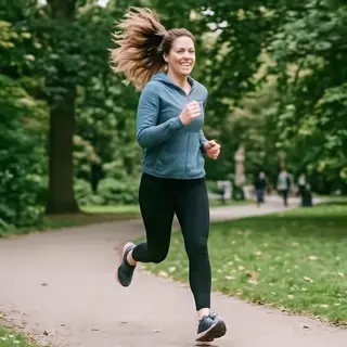 A woman mid-stride running through a park, hair and clothes 