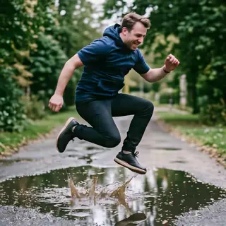 A man captured mid-jump over a puddle, body in the air with 
