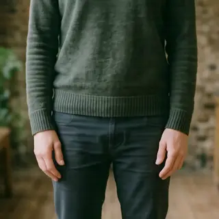 A person standing with both hands visible at their sides, fi