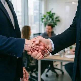 Two people shaking hands in a professional setting, all fing