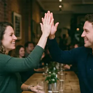 Two people doing a high-five, palms meeting with all fingers
