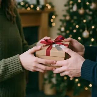 One person handing a small gift box to another person, both 