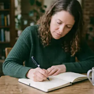 A woman writing in a notebook with a pen gripped correctly i