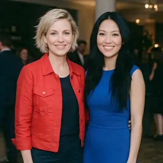 Two women standing side by side: one with short blonde hair 