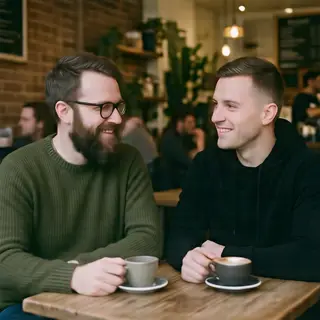 Two men at a cafe: one with a beard and glasses wearing a gr