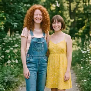 Two friends posing: one tall with curly red hair in denim ov