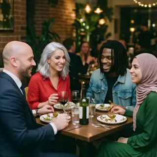 Four people at a dinner table: a bald man in a suit, a woman