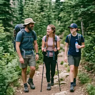 Three hikers on a trail: a man with a backpack and sunhat, a