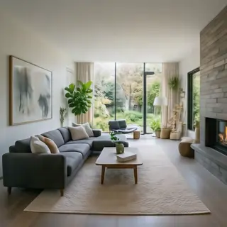 A wide-angle shot of a modern living room interior showing e