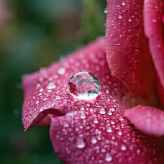 A close-up macro shot of a single dewdrop on a rose petal, s