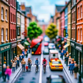 A tilt-shift photograph of a city street making real-life lo