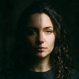 A portrait with dramatic split lighting — half the face brig