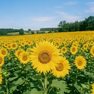 A field of pure sunflower yellow flowers under a clear blue 