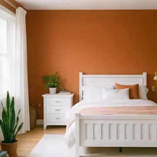 A bedroom wall painted in #FF6B35 (burnt orange) with white 