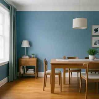 A room with walls in #4A90D9 (medium blue) with warm wooden 