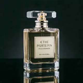 A clear glass perfume bottle on a reflective black surface w