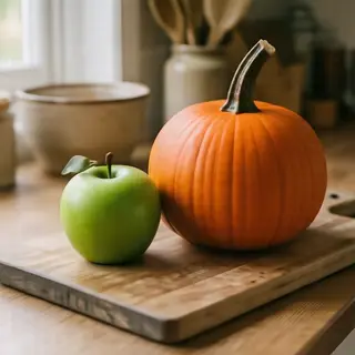 A green apple and an orange pumpkin on a wooden cutting boar