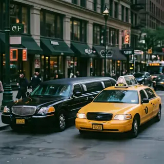 A yellow taxi and a black limousine parked next to each othe