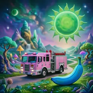 A pink fire truck, a blue banana, and a green sun in a surre