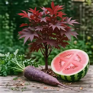 A purple carrot, a red tree with red leaves, and a white wat