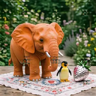 An orange elephant, a yellow penguin, and a silver strawberr