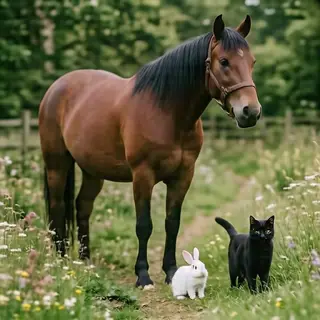 A big brown horse, a small white rabbit, and a medium-sized 