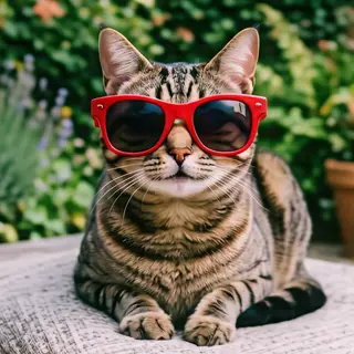 A tabby cat wearing oversized red sunglasses