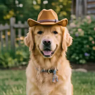A golden retriever wearing a tiny cowboy hat