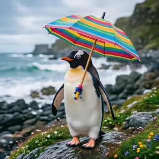 A penguin holding a colorful umbrella