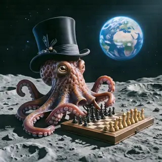 An octopus wearing a top hat and monocle playing chess on th