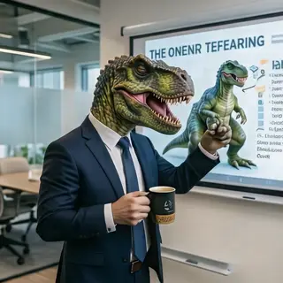 A dinosaur in a business suit giving a PowerPoint presentati