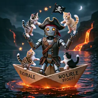 A robot dressed as a pirate sailing a paper boat on a lake o