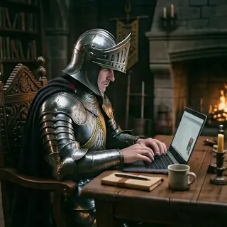 A medieval knight in full armor sitting at a desk typing on 