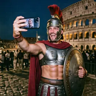 A Roman gladiator taking a selfie with a smartphone in the C