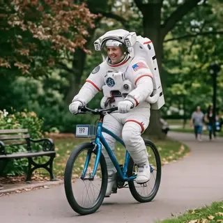 An astronaut in a spacesuit riding a bicycle through a park