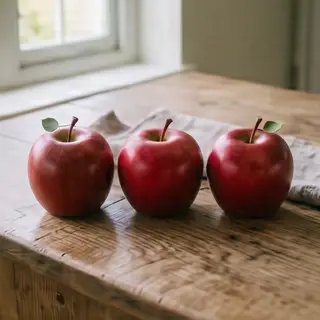 Exactly 3 red apples arranged on a wooden table