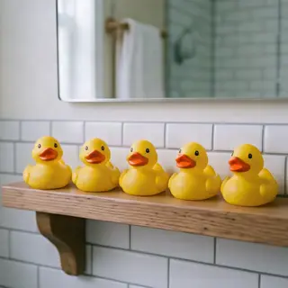 Exactly 5 yellow rubber ducks sitting in a row on a bathroom