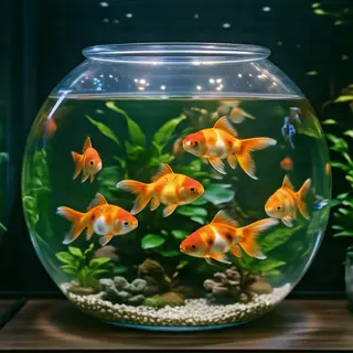 Exactly 9 goldfish swimming in a large round fishbowl