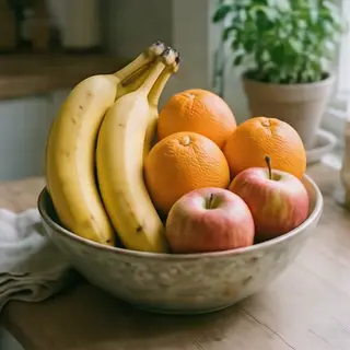 A fruit bowl containing exactly 3 bananas, 4 oranges, and 2 