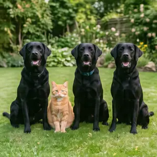 2 orange cats and 3 black dogs sitting together on a grassy 