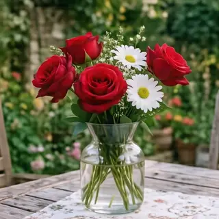 4 red roses and 2 white daisies in a glass vase on a table