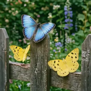1 blue butterfly and 3 yellow butterflies resting on a garde