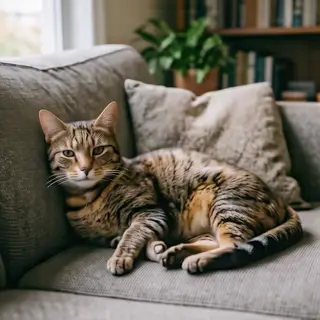 A cat lying on a couch without a collar