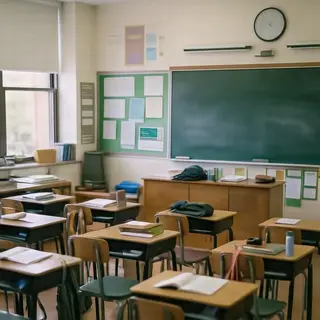 A classroom with desks and a chalkboard but no students