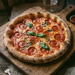 A pepperoni pizza with tomato sauce, basil, and crust but ab